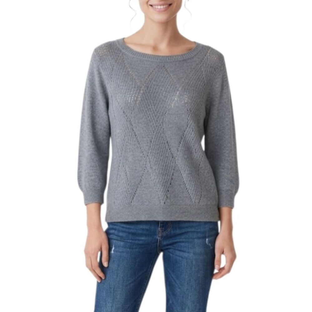 Roz & Ali Gray Argyle Pattered Crew Neck Quarter Sleeve Sweater Size M